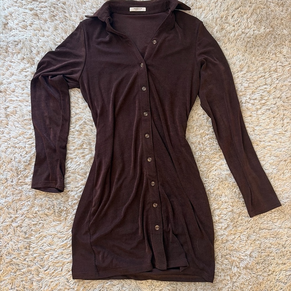 Peppermayo Brown Button-Front Long-Sleeve Shirt Dress